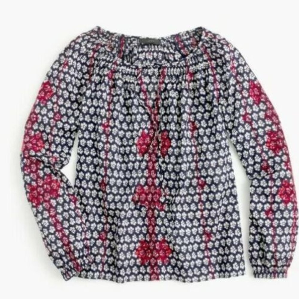 J Crew Peasant Embroidered Long Sleeve Top